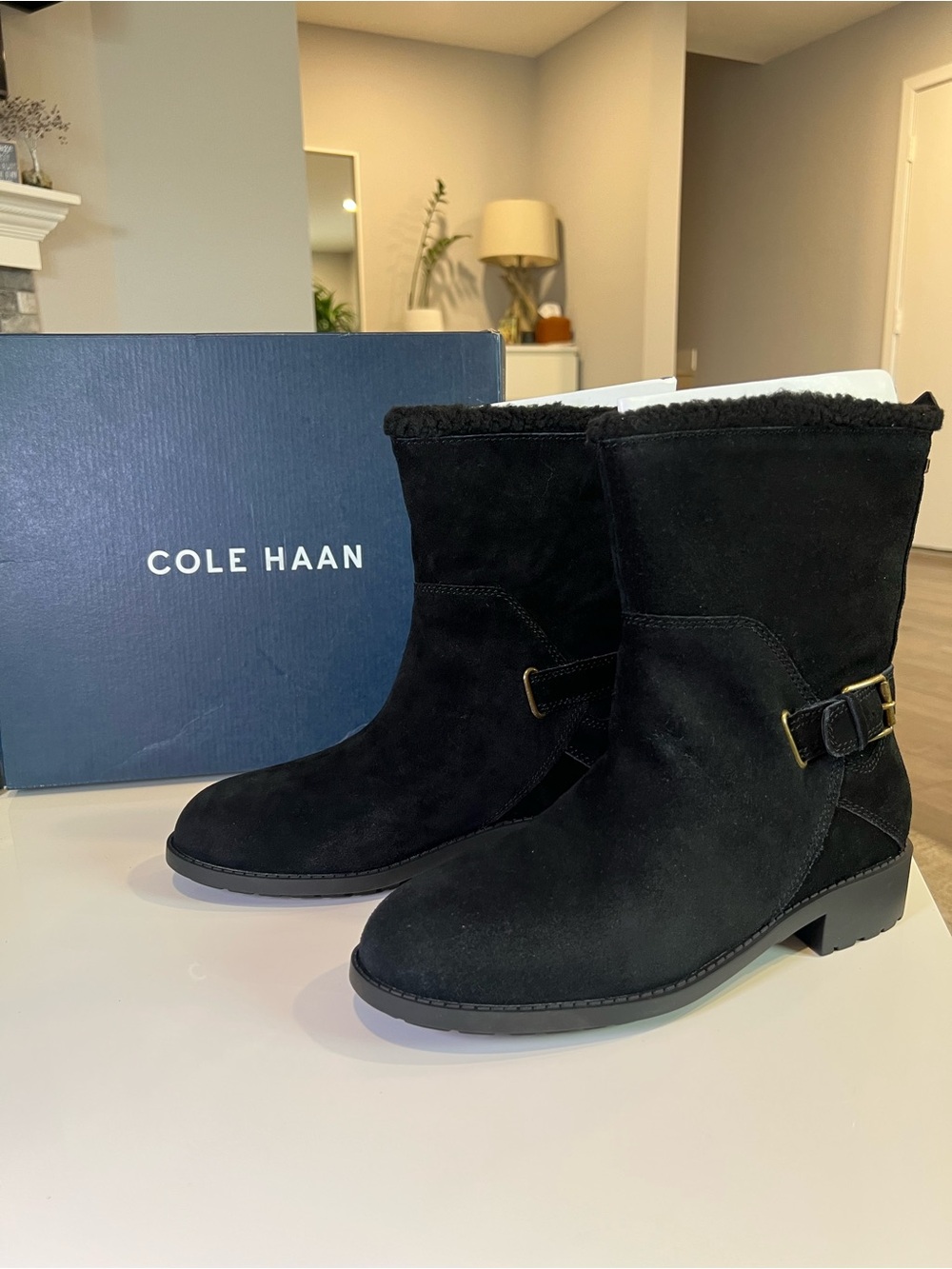 Cole Haan Black Suede Shearling-Lined Buckle Ankle Boots - Picture 2 of 8